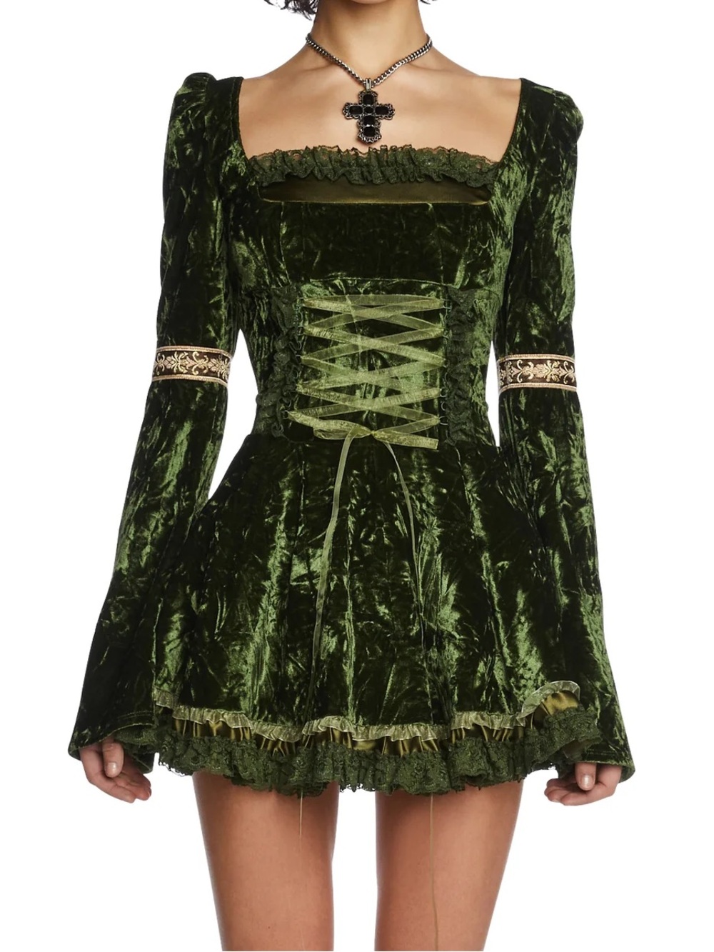 Current Mood Green Velvet Lace-Up Mini Dress